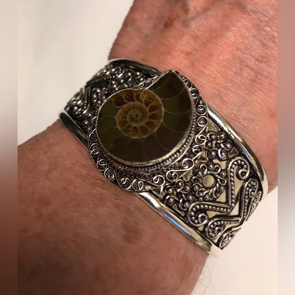 Ammonite Stamped Solid 925 Sterling Silver Cuff Bracelet